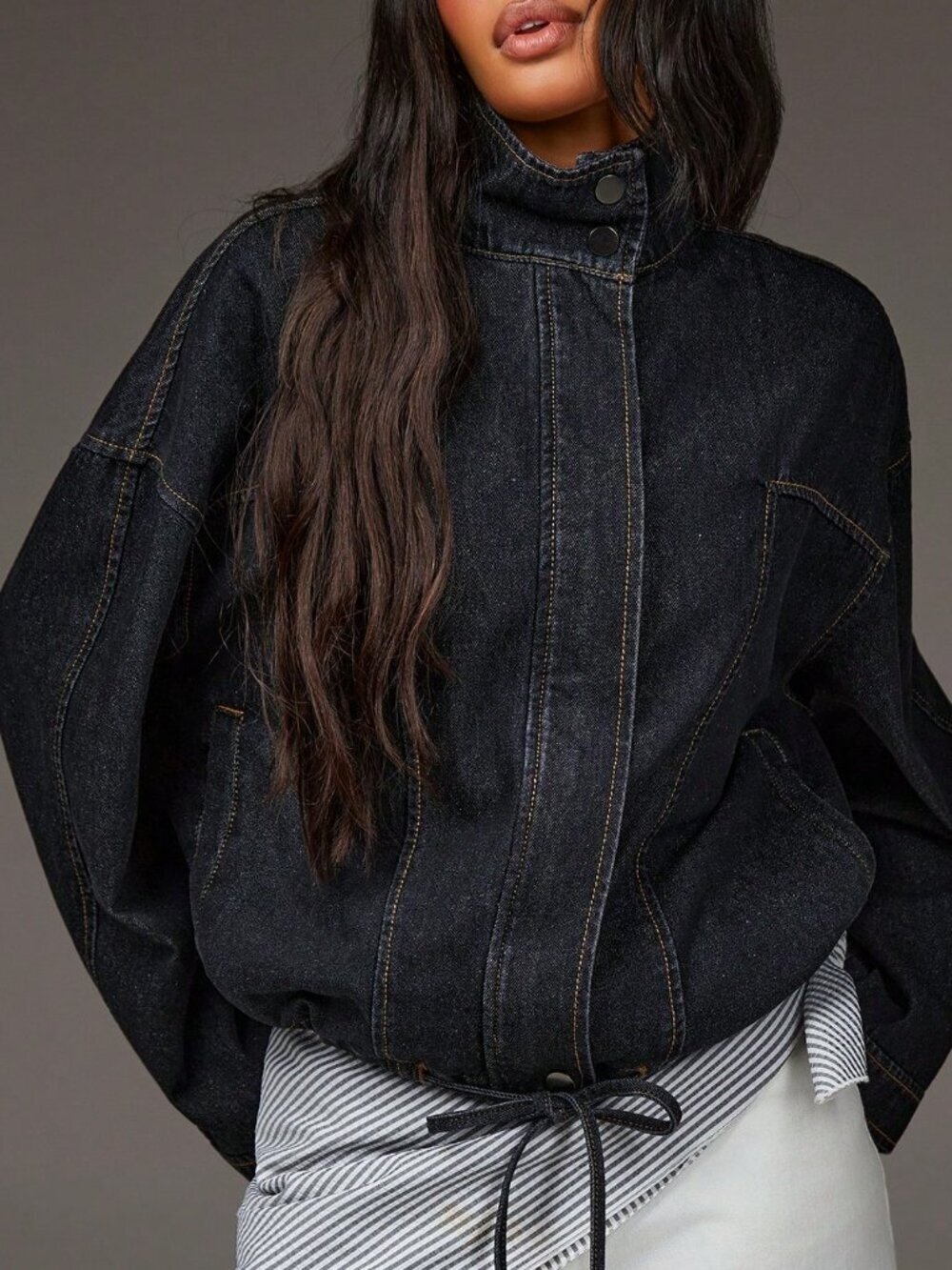Black Casual Women's  Long Sleeved Lapel Stand Up Loose Denim Jacket